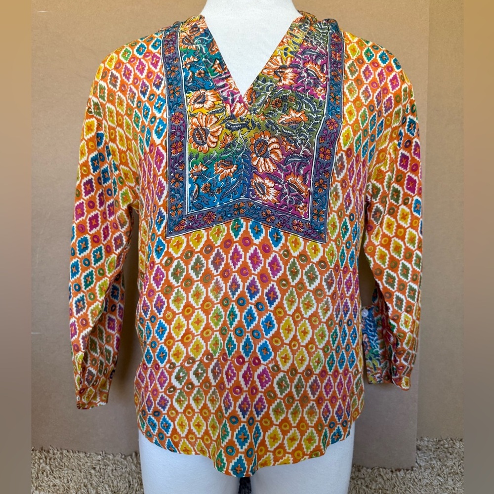 Tolani Colorful Floral and Geometric Patterned Rainbow Blouse